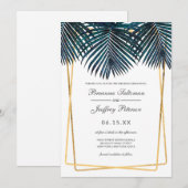 Modern Goud Blauwgroen Palm Leaves Geo Borders Wed Kaart (Voorkant / Achterkant)