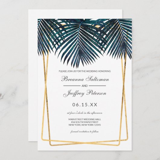 Modern Goud Blauwgroen Palm Leaves Geo Borders Wed Kaart (Voorkant / Achterkant)