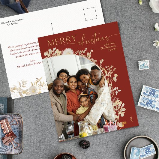 Modern Goud Bloemen Classic Rood Kerst Briefkaart