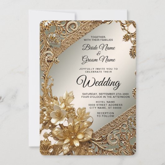 Modern Goud Bloemen Huwelijksuitnodiging Kaart (Voorkant)