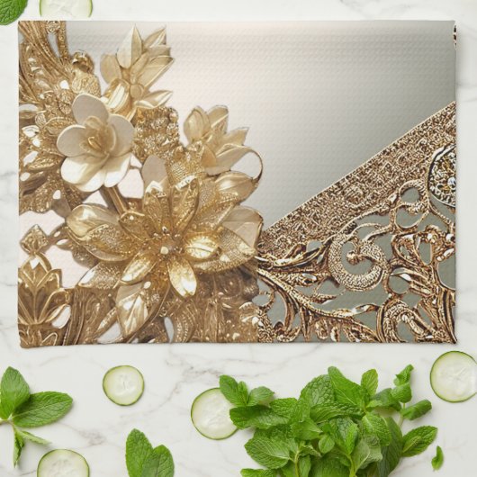 Modern Goud Bloemen Keuken Handdoeken (Gevouwen)