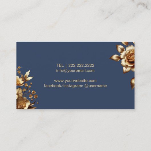 Modern Goud Bloemen Marine Blauw Schoonheidssalon  Visitekaartje (Achterkant)
