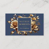 Modern Goud Bloemen Marine Blauw Schoonheidssalon  Visitekaartje (Voorkant)