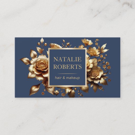 Modern Goud Bloemen Marine Blauw Schoonheidssalon  Visitekaartje (Voorkant)