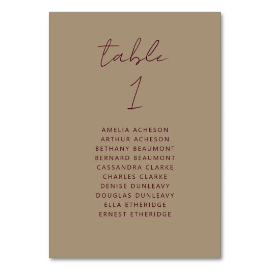Modern Goud Bourgogne Script Bruiloft Tafel Nummer Kaart (Achterkant)
