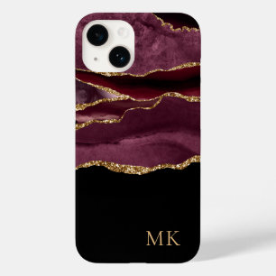 Modern Goud & Burgundy Marmer Agaat Monogram Case-Mate iPhone 14 Hoesje