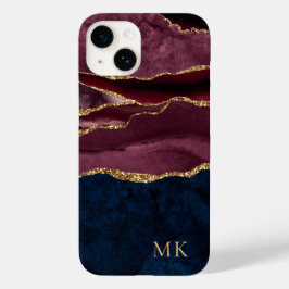 Modern Goud, Burgundy & Navy Marmer Agaat Case-Mate iPhone 14 Hoesje