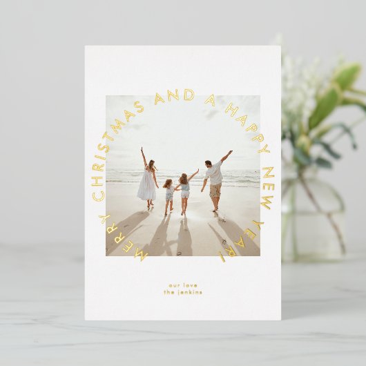 Modern Goud Eenvoudige Kerstfoto Nieuwjaar Folie Feestdagenkaart (Staand Voorkant)