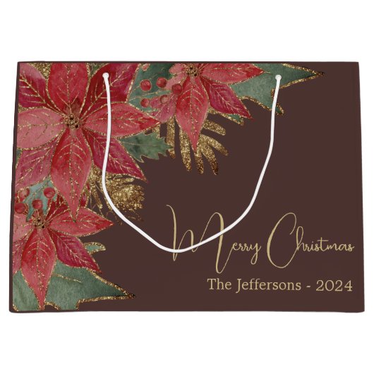 Modern Goud Elegant Rood Poinsettia Vrolijk Kerstf Groot Cadeauzakje (Voorkant)