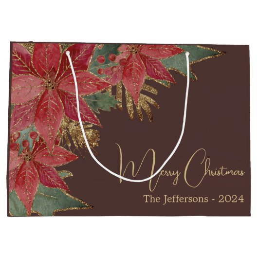 Modern Goud Elegant Rood Poinsettia Vrolijk Kerstf Groot Cadeauzakje (Achterkant)