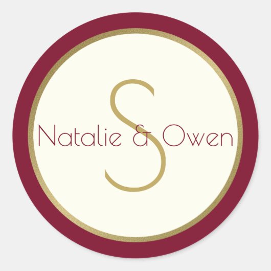Modern Goud en Bourgogne Monogram Ronde Sticker (Voorkant)