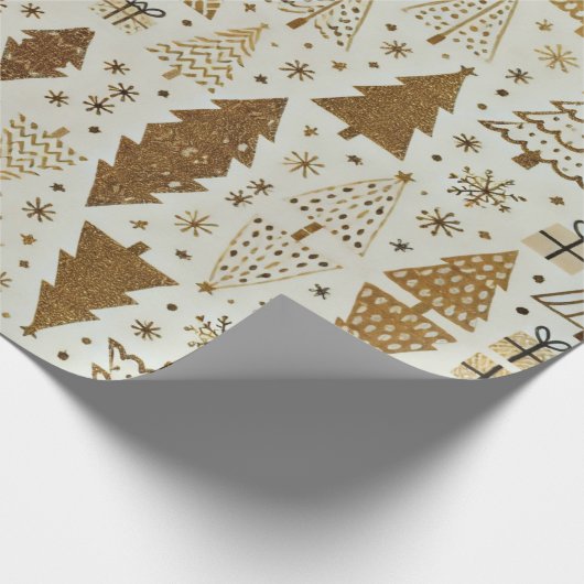 Modern goud en ivoor kerstboom cadeaupapier (Hoek)