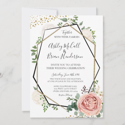 Modern Goud en Roze Geometrische Bruiloft uitnodig Kaart (Voorkant)