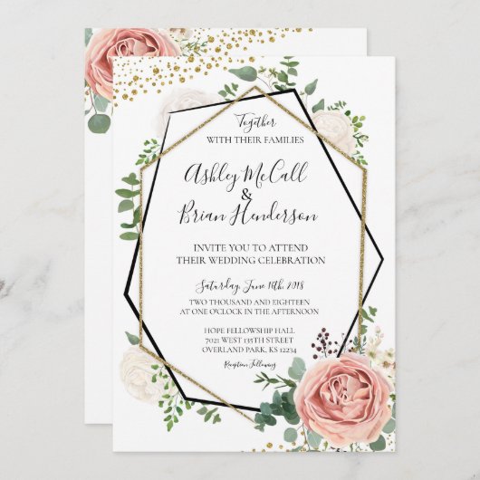 Modern Goud en Roze Geometrische Bruiloft uitnodig Kaart (Voorkant / Achterkant)