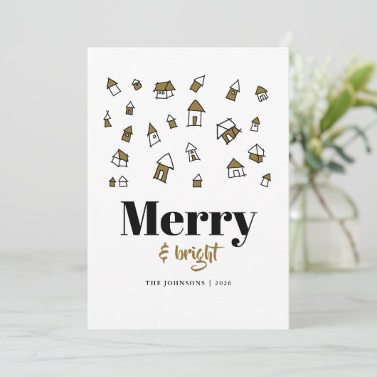 Modern Goud en Wit Vrolijk en Helder Kerstmis Feestdagenkaart (Staand voorkant)