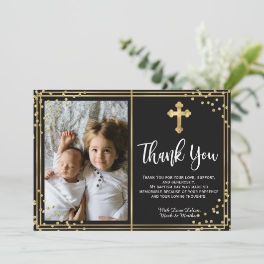 Modern Goud en Zwart Doop Dank u Kaarten (Staand voorkant)