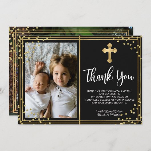 Modern Goud en Zwart Doop Dank u Kaarten (Voorkant / Achterkant)