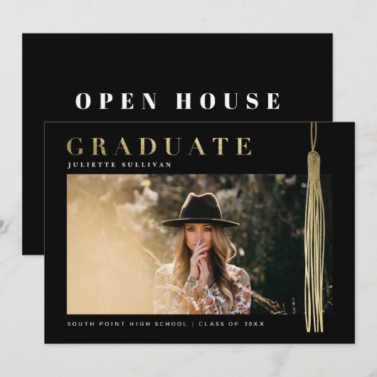 Modern Goud en Zwart Foto Afstuderen Kaart (Voorkant / Achterkant)