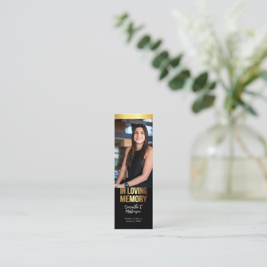 Modern Goud en Zwart Foto Begrafenis Bladwijzer Mini Visitekaartje (Staand voorkant)