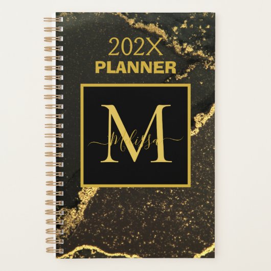 Modern goud en zwart gemarmerd monogram planner (Voorkant)