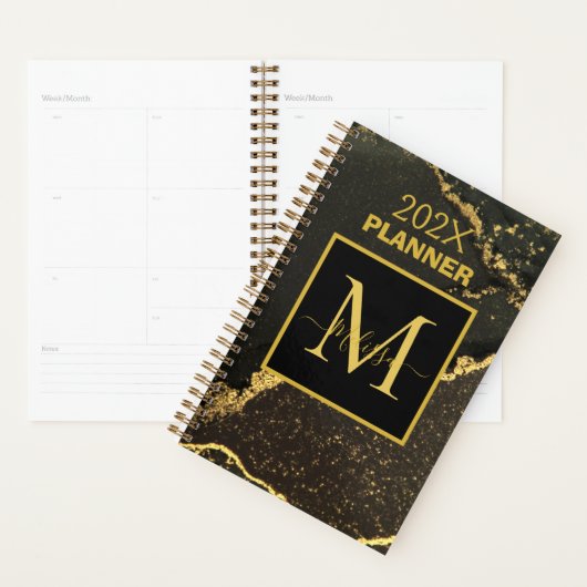 Modern goud en zwart gemarmerd monogram planner (Display)