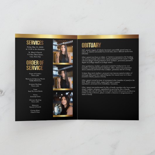 Modern goud en zwart vet foto begrafenisprogramma programma (Binnen)