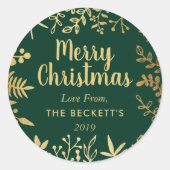 Modern Goud Folie Kerstblad Ronde Sticker (Voorkant)