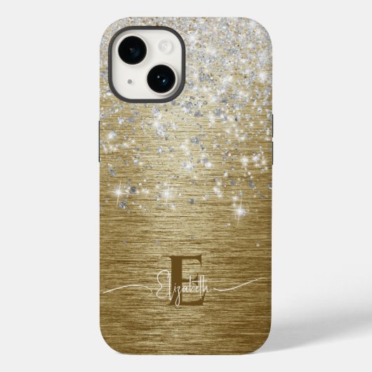 Modern Goud Geborsteld Metaal Zilver Glitter Monog Case-Mate iPhone Case (Achterkant)