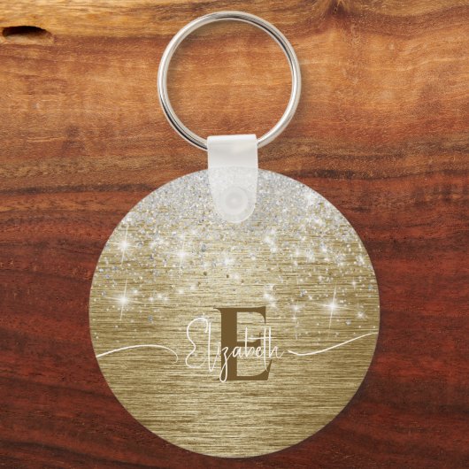 Modern Goud Geborsteld Metaal Zilver Glitter Monog Sleutelhanger (Voorkant)