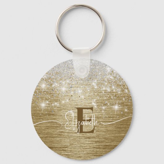 Modern Goud Geborsteld Metaal Zilver Glitter Monog Sleutelhanger (Achterkant)
