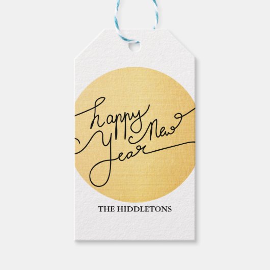 Modern Goud Gelukkig Nieuwjaar Typografie Cadeaulabel (Voorkant)