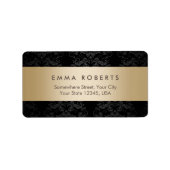 Modern Goud Gestreept Elegant Zwart Damast Etiket (Voorkant)