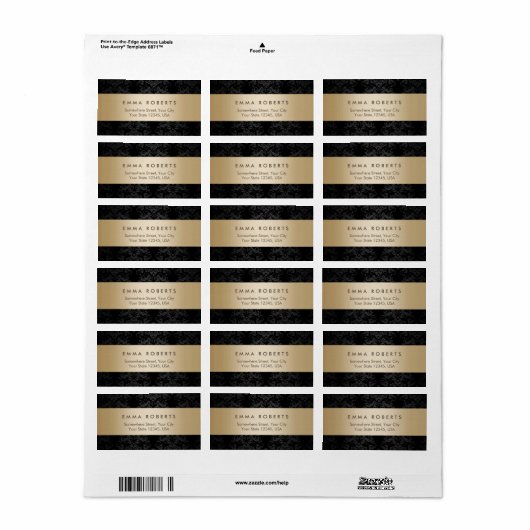 Modern Goud Gestreept Elegant Zwart Damast Etiket (Full Sheet)