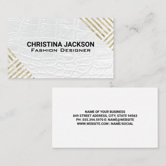 Modern goud gestreept patroon | wit leder visitekaartje (Voorkant / Achterkant)