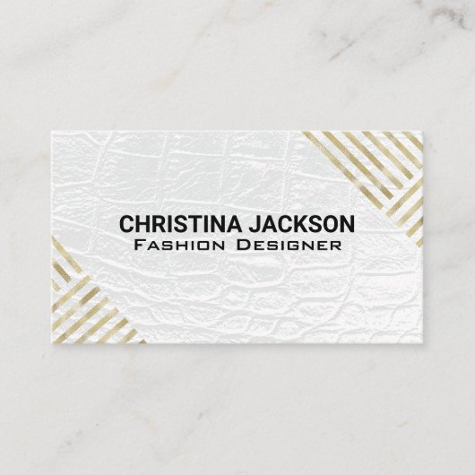 Modern goud gestreept patroon | wit leder visitekaartje (Voorkant)