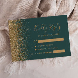 Modern Goud Glitter Edge Donkergroen RSVP Kaartje