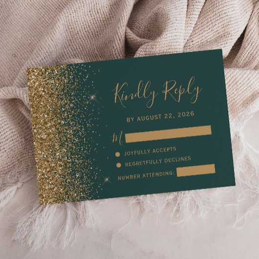 Modern Goud Glitter Edge Donkergroen RSVP Kaartje