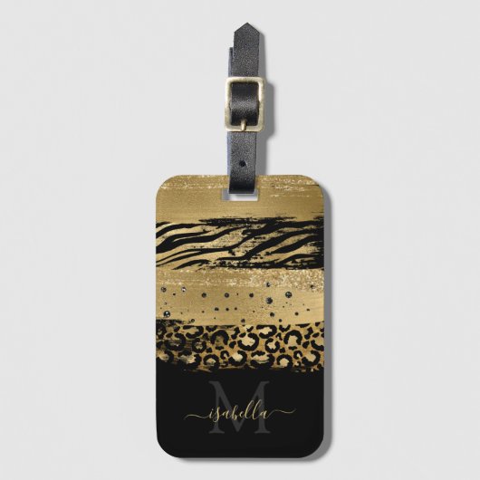 Modern Goud Glitter Script Monogrammed Bagagelabel (Voorkant (verticaal))