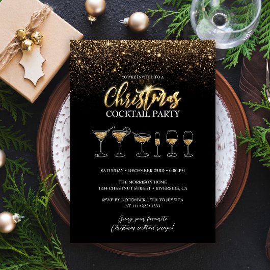Modern Goud Glitter Zwart Kerstmis Cocktail Party Kaart