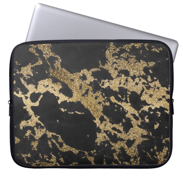 Modern Goud Glitter Zwart Marmer Laptop Sleeve (Voorkant)