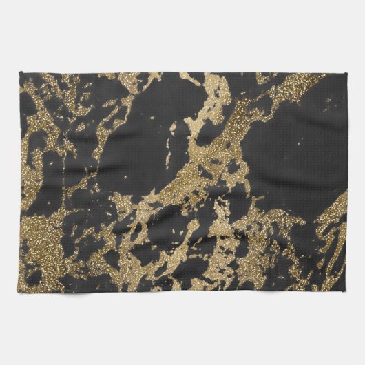 Modern Goud Glitter Zwart Marmer Theedoek (Horizontaal)