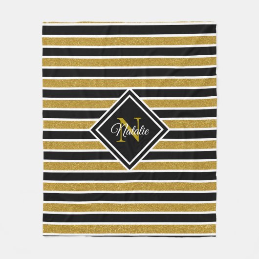 Modern Goud Glitter Zwart Wit Strepen Monogram Fleece Deken (Voorkant)