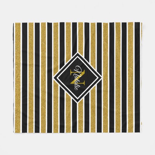 Modern Goud Glitter Zwart Wit Strepen Monogram Fleece Deken (Voorkant (Horizontaal))