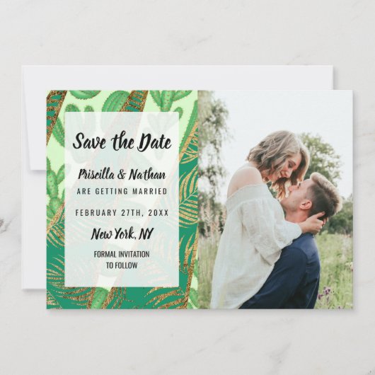 Modern Goud Groen Cactus Palm Leaf Geometrisch Save The Date (Voorkant)