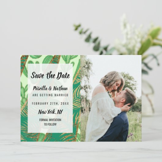 Modern Goud Groen Cactus Palm Leaf Geometrisch Save The Date (Staand voorkant)