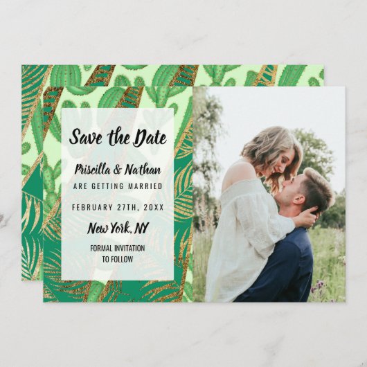 Modern Goud Groen Cactus Palm Leaf Geometrisch Save The Date (Voorkant / Achterkant)