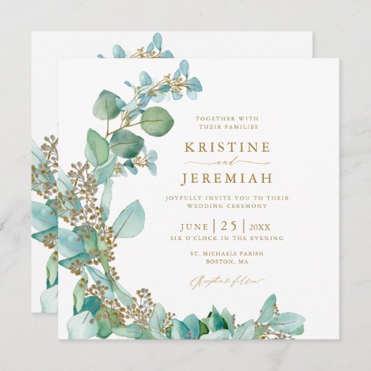 Modern Goud Groen Eucalyptus Waterverf Bruiloft Kaart (Voorkant / Achterkant)
