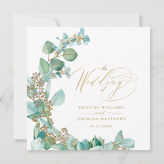 Modern Goud Groen Eucalyptus Waterverf Bruiloft Kaart (Achterkant)