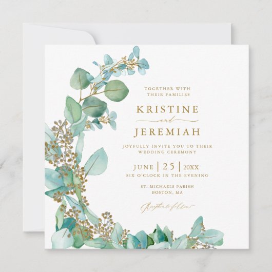 Modern Goud Groen Eucalyptus Waterverf Bruiloft Kaart (Voorkant)
