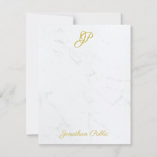 Modern Goud Hand Script Monogram Elegant Marmer Notitiekaartje (Voorkant)